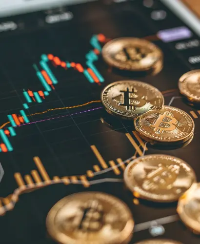 Das Bild zeigt einen Geräteschirm, vermutlich ein Smartphone oder Tablet, auf dem ein Diagramm angezeigt wird, das wahrscheinlich Schwankungen des Werts eines Vermögenswerts widerspiegelt — vermutlich Bitcoin oder eine andere Kryptowährung. Neben dem Diagramm befinden sich physische Goldmünzen mit Bitcoin-Symbolik. Die Gesamtkomposition des Bildes deutet auf Themen wie Investition, Trading und den Finanzmarkt im Zusammenhang mit Kryptowährungen hin.